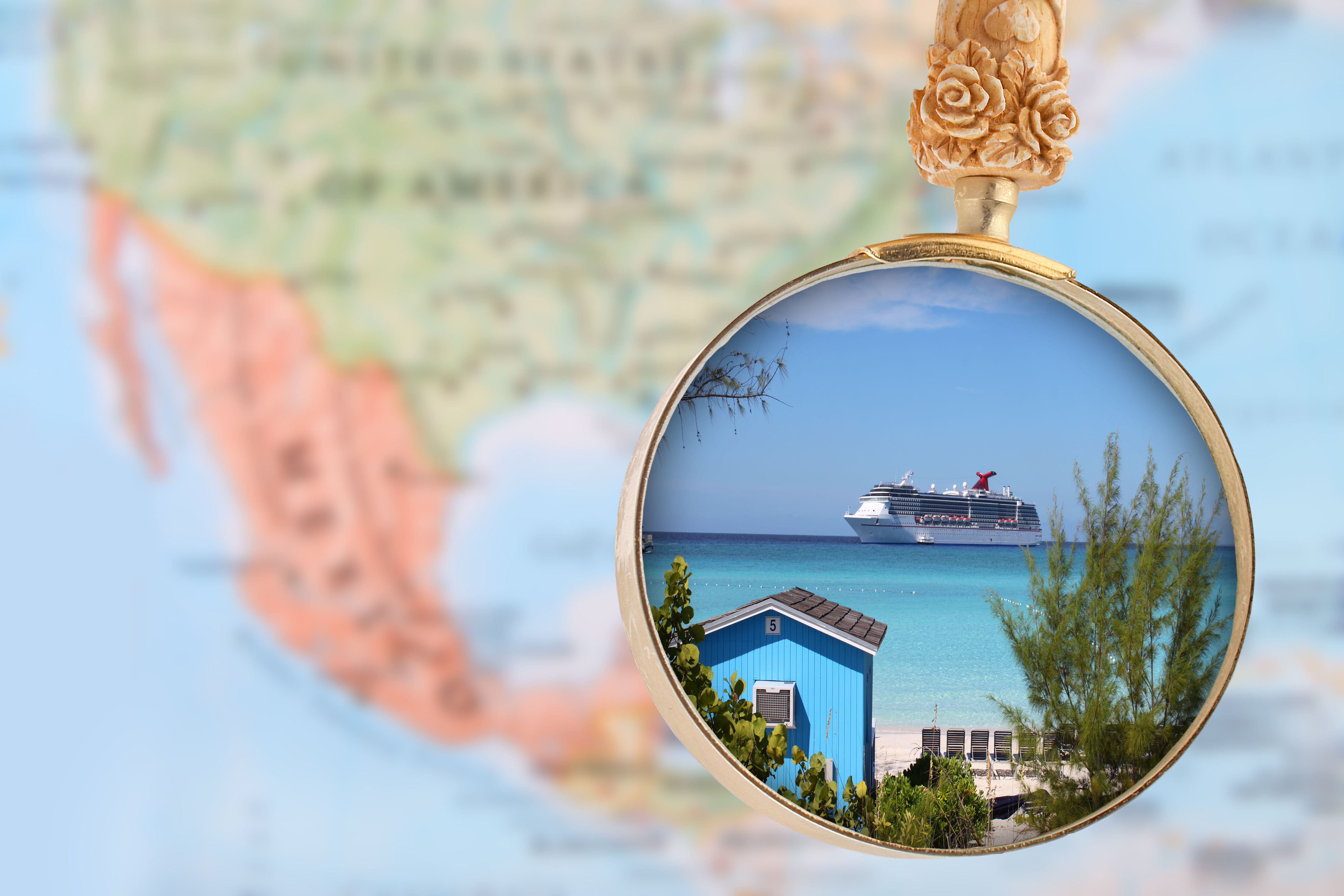 cruise ship with magnifying glass